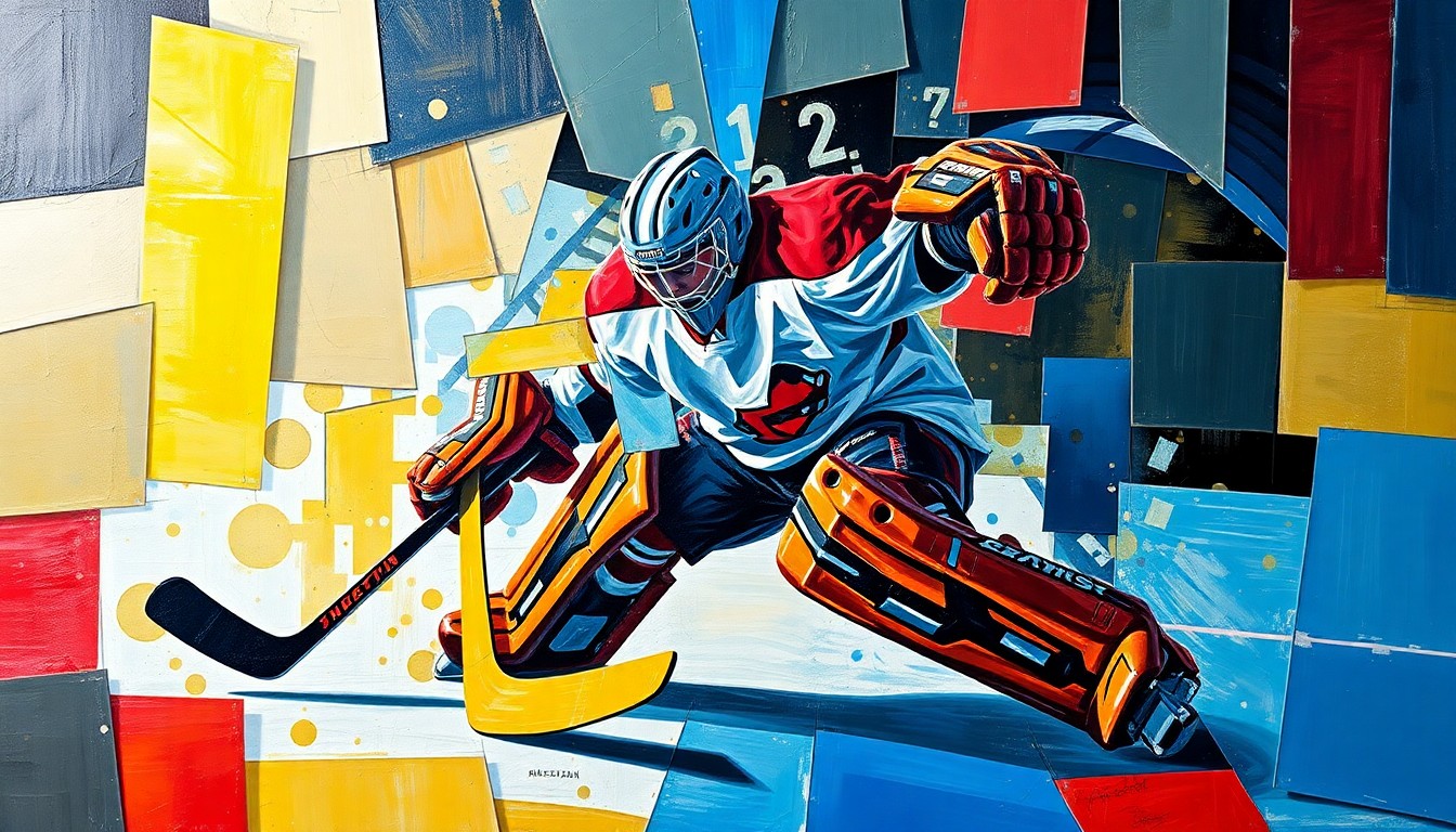 A cubist-style painting depicting a hockey goalie's actions broken down into overlapping geometric shapes and planes, conveying the complex dynamics of the Sabres' injury situation.