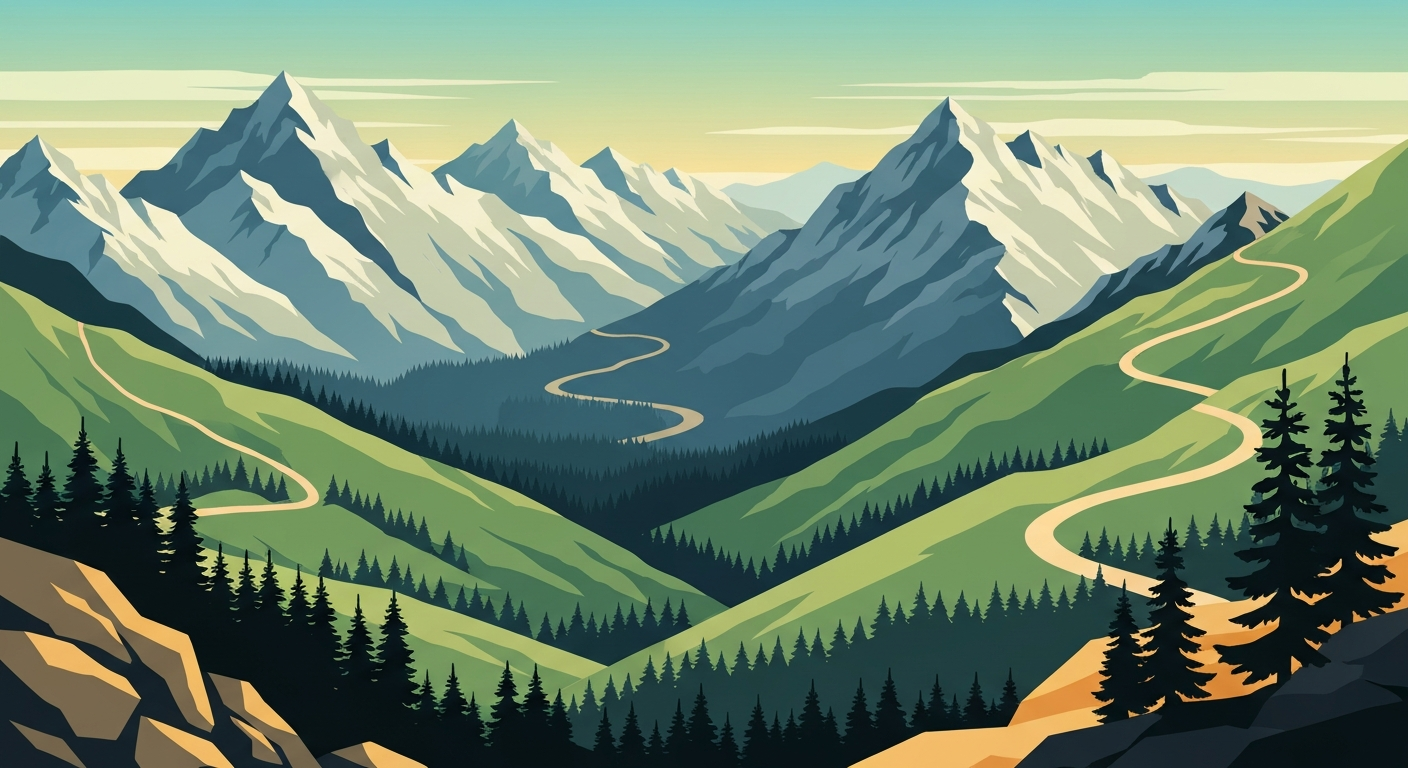 A highly stylized, geometric illustration depicting the grand scale and sweeping vistas of a long-distance hiking trail winding through towering mountain ranges and lush forests, capturing the adventurous spirit of an epic journey across the American landscape.