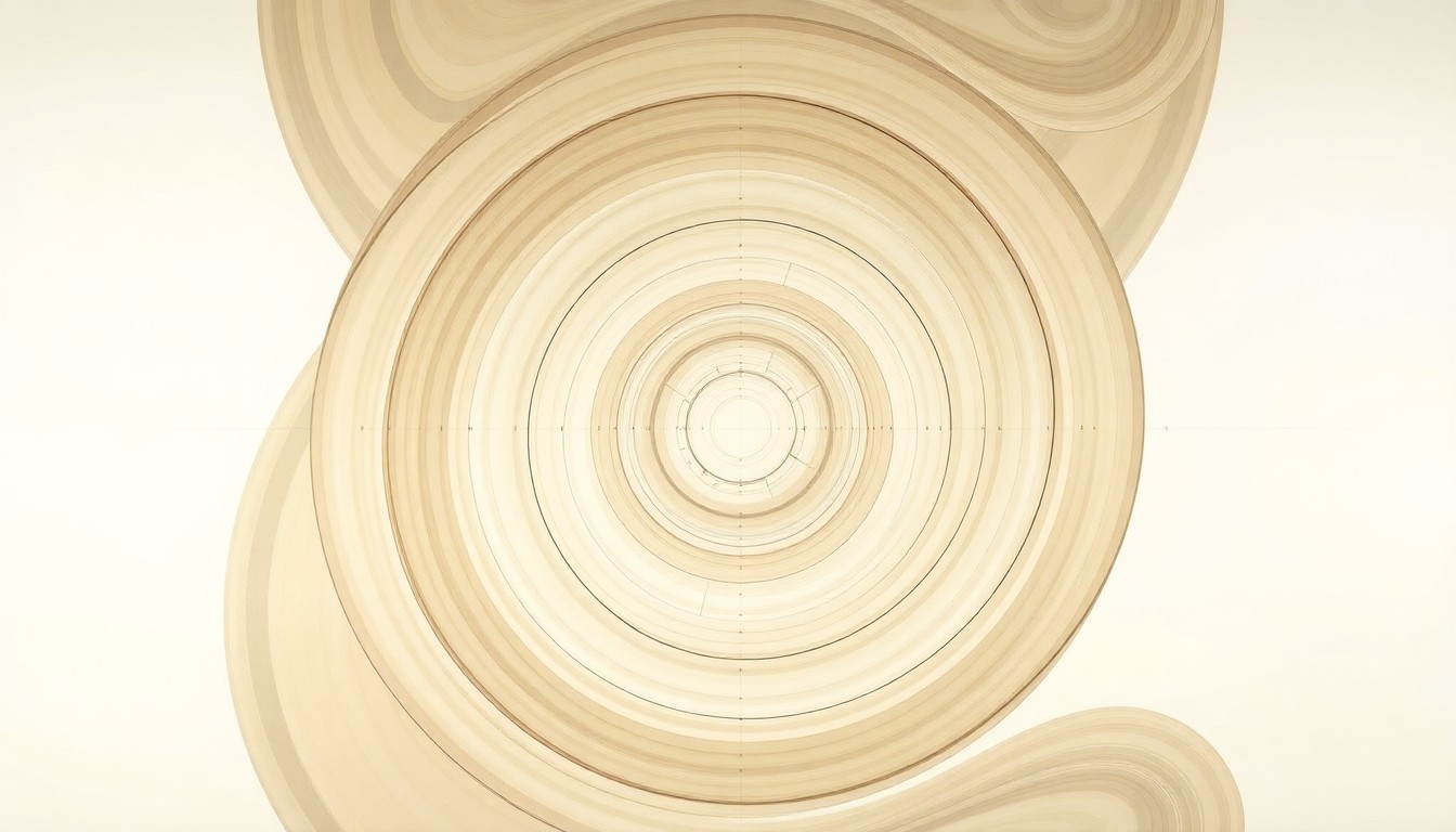 A bold, highly structured abstract painting in muted earth tones, featuring sweeping geometric arcs, concentric circles, and precise botanical spirals, conceptually representing the intricate biological mechanisms regulating mitochondrial function and muscle health over time.