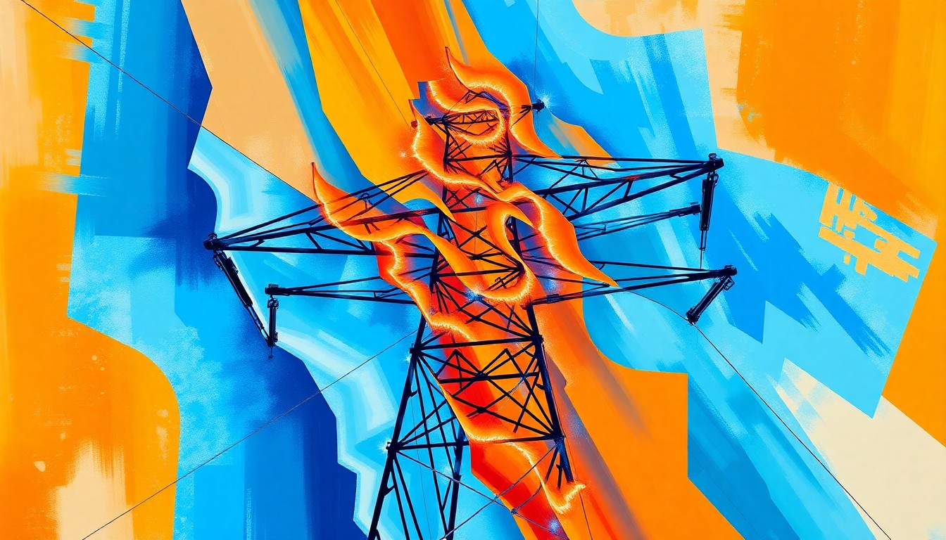 A vibrant, abstract painting depicting a power grid tower or electrical substation in a state of motion, with overlapping geometric shapes and waves of electric blue, neon orange, and metallic silver, conveying the dynamic and complex nature of the energy policy debate.