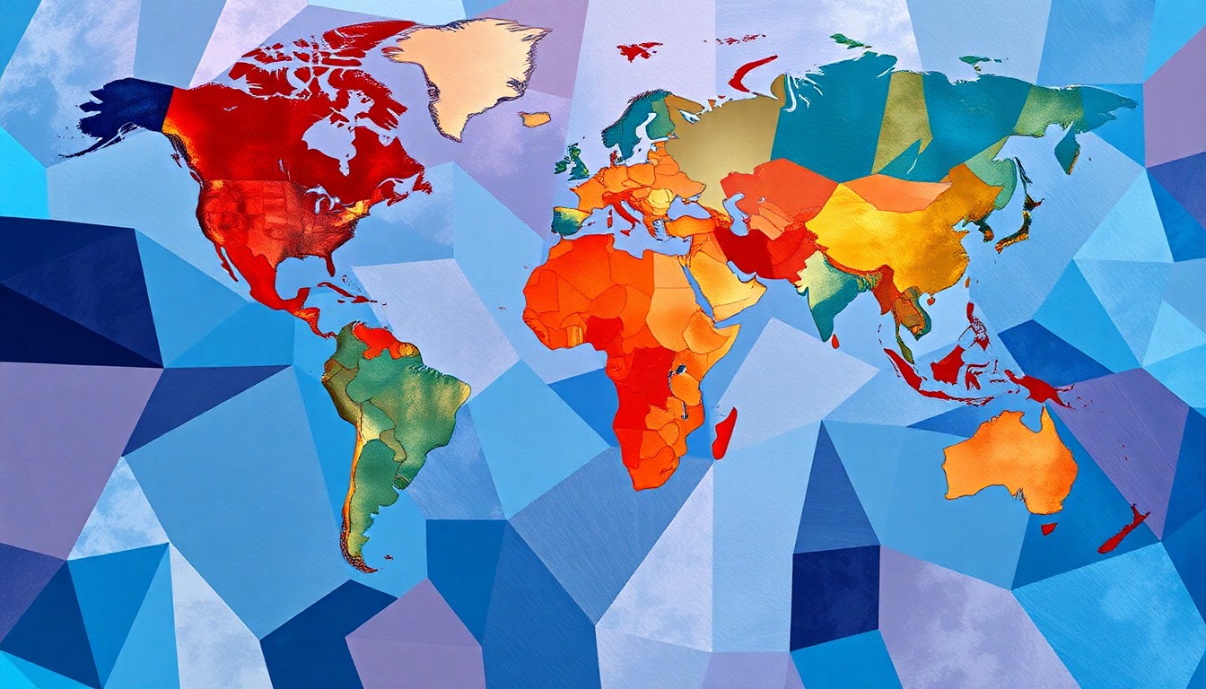 A dynamic, fragmented painting depicting a global trade map in vibrant blue, red, and gold hues, symbolizing the turbulent impact of changing tariff policies on the worldwide economy.