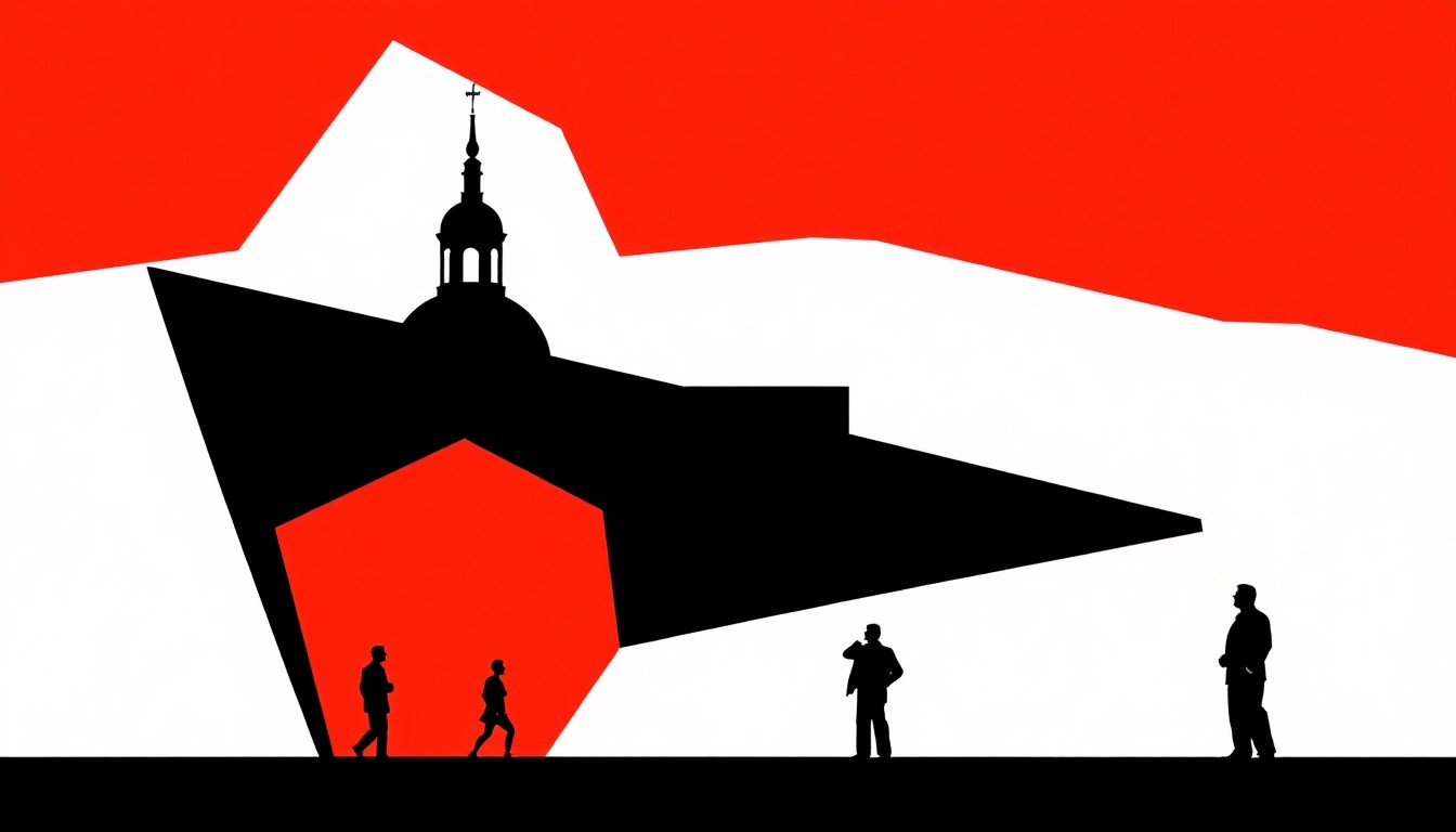 An abstract composition of stark, jagged geometric shapes in bold red and white, conceptually representing the transition of a museum director from one iconic institution to another.