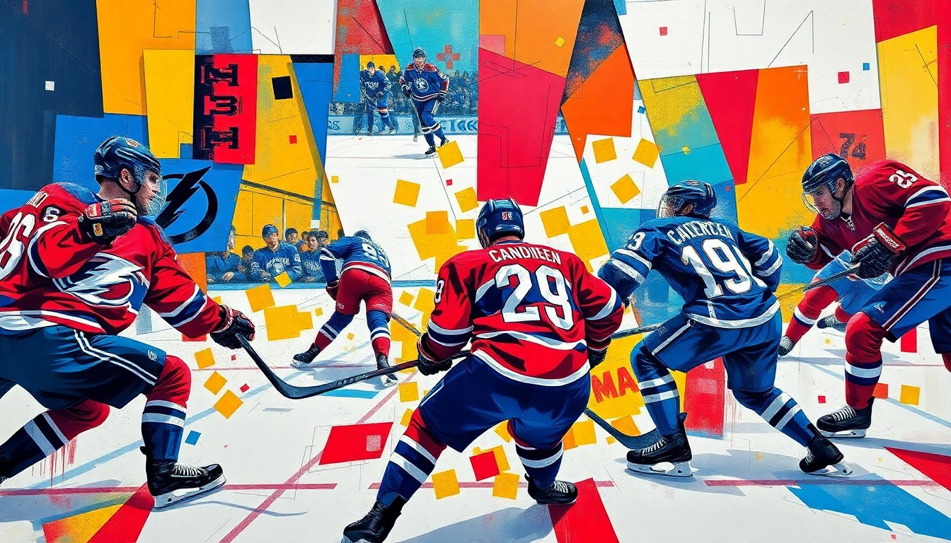 A cubist, geometric painting depicting a hockey game between the Montreal Canadiens and Tampa Bay Lightning, with sharp, overlapping planes of vibrant team colors colliding to capture the intensity and unpredictability of the matchup.
