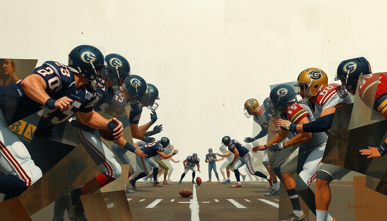 A cubist, geometric painting depicting fragmented, overlapping shapes and planes in muted earth tones, representing the disruption caused by the retirement of a key offensive lineman.