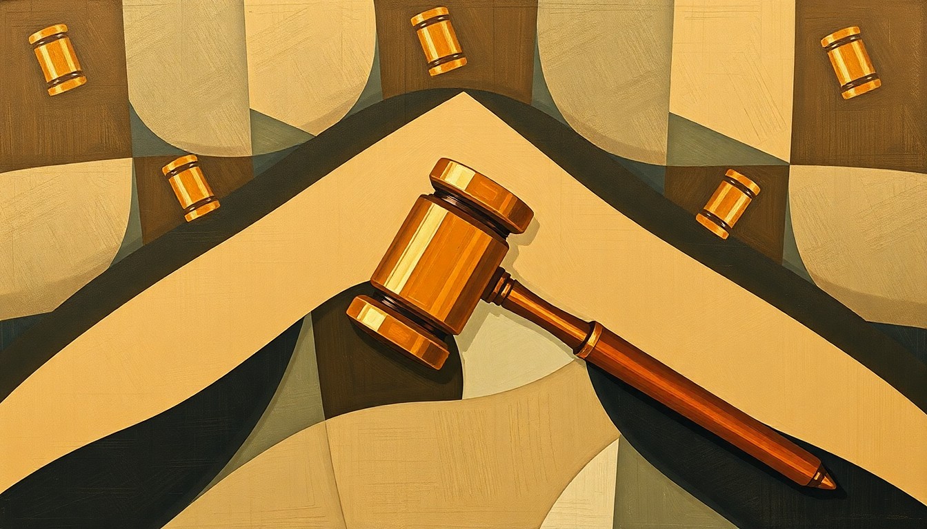 A fragmented, abstract painting featuring overlapping geometric shapes and muted earth-toned colors, conceptually representing the complex and fractured nature of the debate surrounding the CDC's vaccine advisory committee.