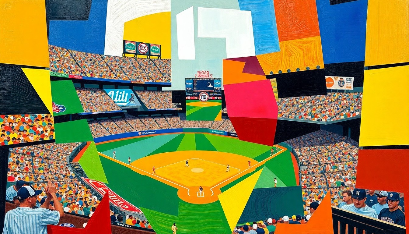A cubist, geometric painting depicting a fragmented baseball game, with sharp, overlapping planes of color representing the strategic decisions and adaptations of the teams.