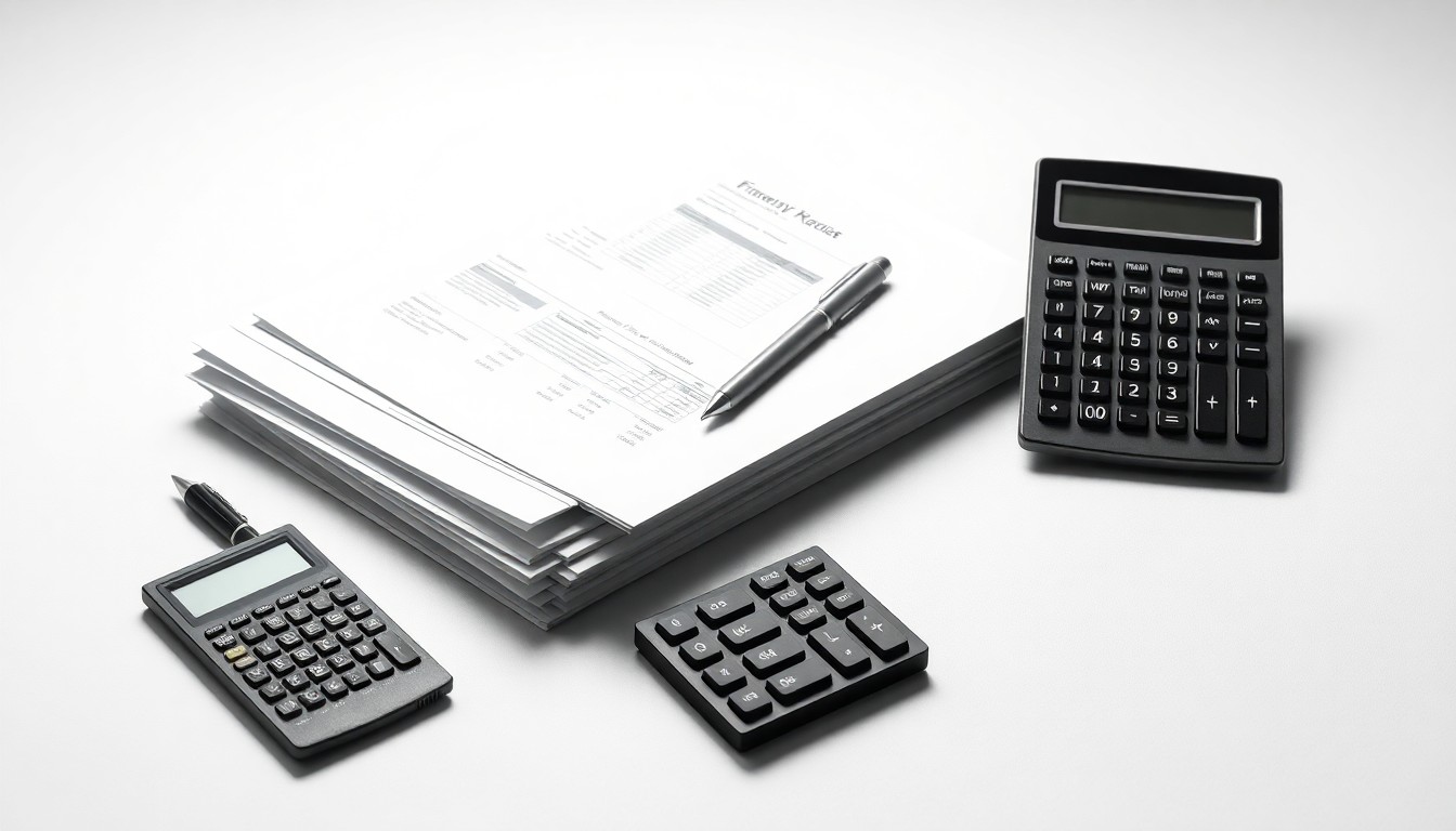 A photorealistic studio still life featuring a stack of financial reports, a pen, and a calculator arranged on a clean, white background, symbolizing the abstract challenges of corporate finance and strategy in the evolving media industry.