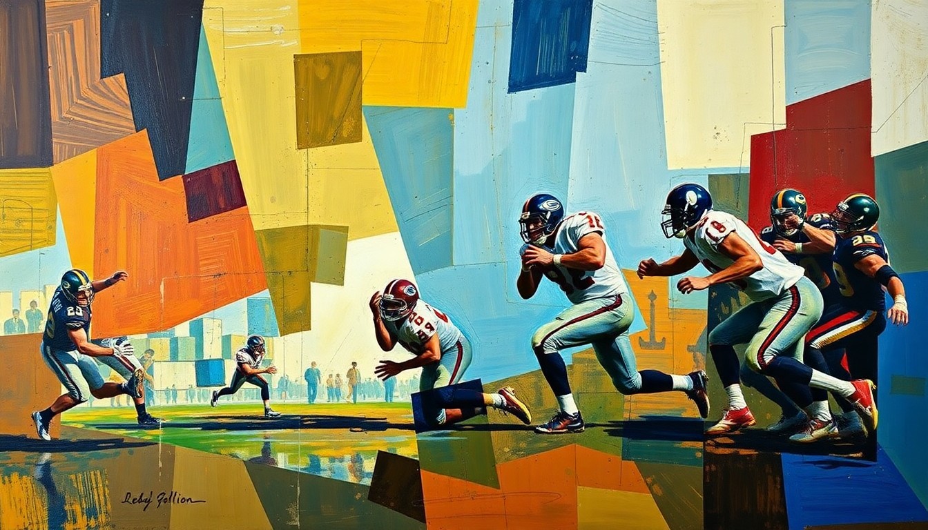 A cubist-style painting depicting a football running play broken down into sharp, overlapping geometric shapes and planes, capturing the dynamic movement and energy of the sport.