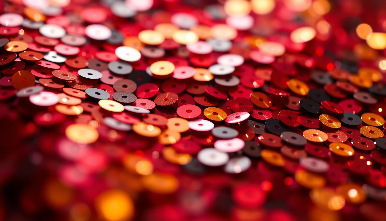 An extreme close-up photograph of shimmering red and gold sequins, capturing the luxurious and high-fashion aesthetic of the RHONY stars' reunion in Paris.