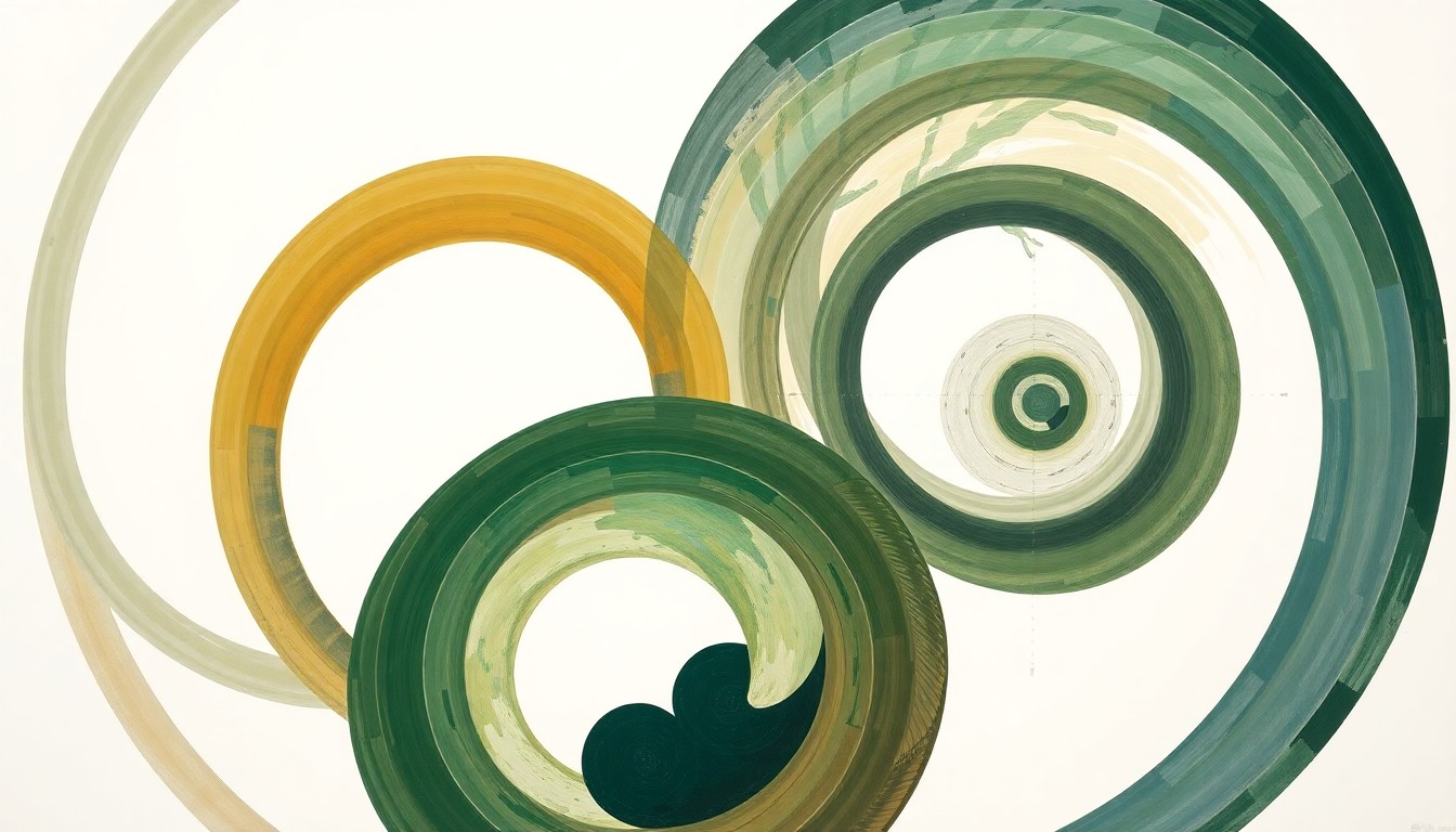 A bold, abstract painting featuring sweeping geometric shapes and patterns in earthy tones, conceptually representing the structural dynamics of a fair and effective competitive system.