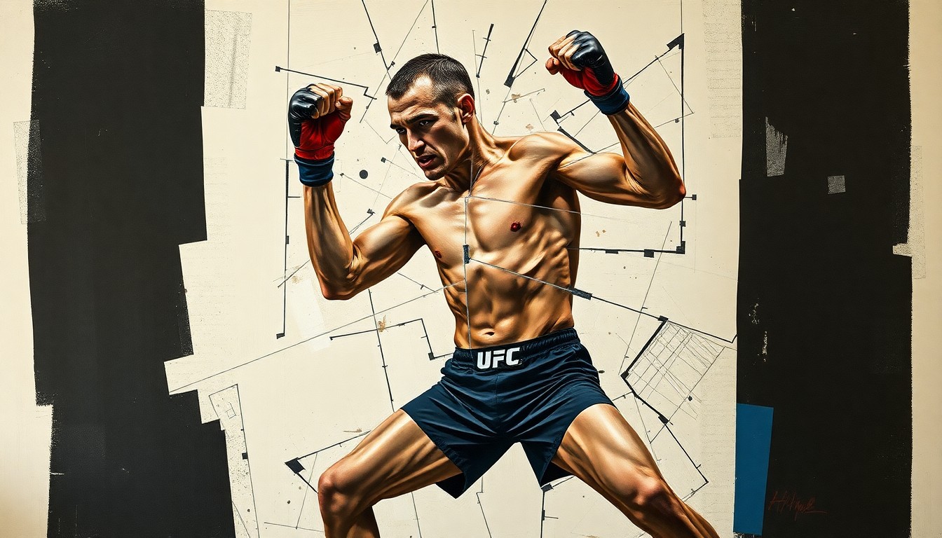 A fragmented, geometric painting depicting the dynamic movements of a UFC fighter, with their limbs and body parts abstracted into sharp, overlapping shapes and planes, conveying the intensity and complexity of professional MMA competition.