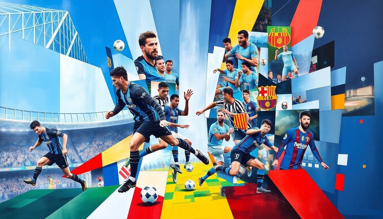 A fragmented, geometric painting depicting various football players and matches in a cubist style, using the team colors mentioned in the story to represent the competitive landscape of the transfer window.
