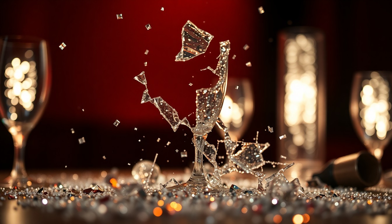 An abstract close-up image featuring shattered glass and glittering sequins in dramatic, high-contrast lighting, conceptually representing the tension and social performance of a dinner party gone wrong.