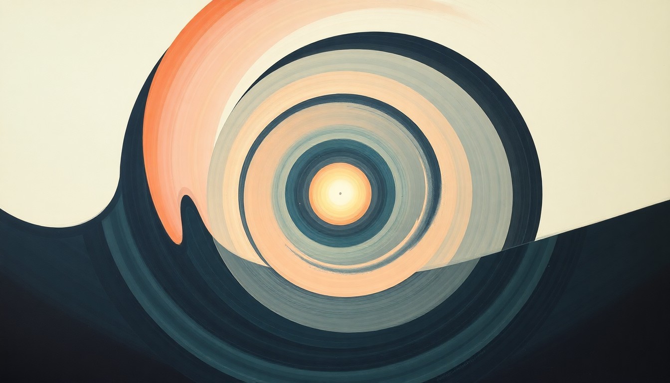 A bold, abstract painting in muted blues, greens, and grays, featuring sweeping geometric arcs, concentric circles, and precise spiraling waveforms, conceptually representing the complex forces and dynamics involved in a spacecraft's reentry and splashdown.