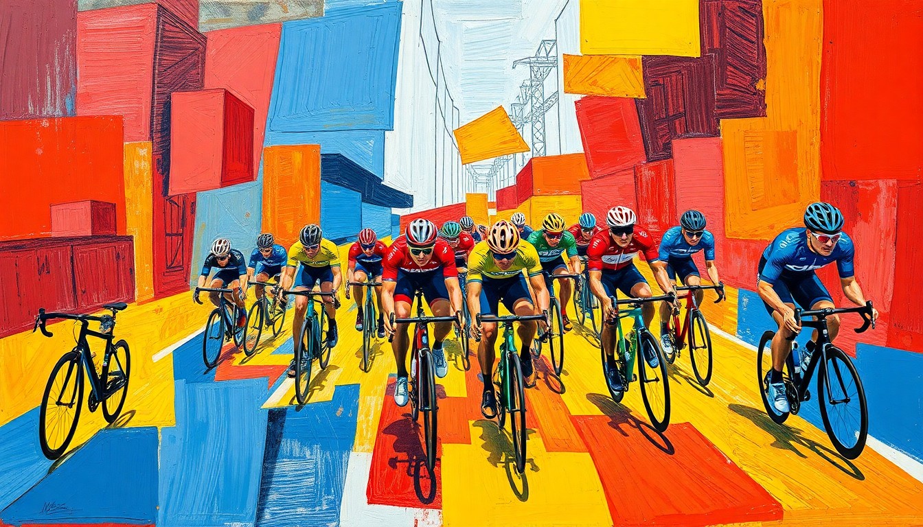 A cubist, geometric painting depicting a cycling race, with overlapping planes of vibrant red, blue, and yellow colors, capturing the dynamic and fractured nature of the sport.