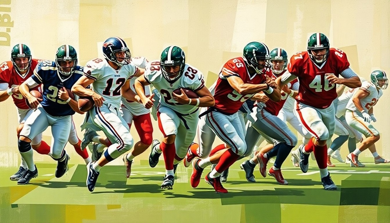 A fragmented, geometric painting depicting a football running play, with the players' forms broken down into abstract shapes and angles, conveying the dynamic energy and complexity of the Seahawks' draft strategy.