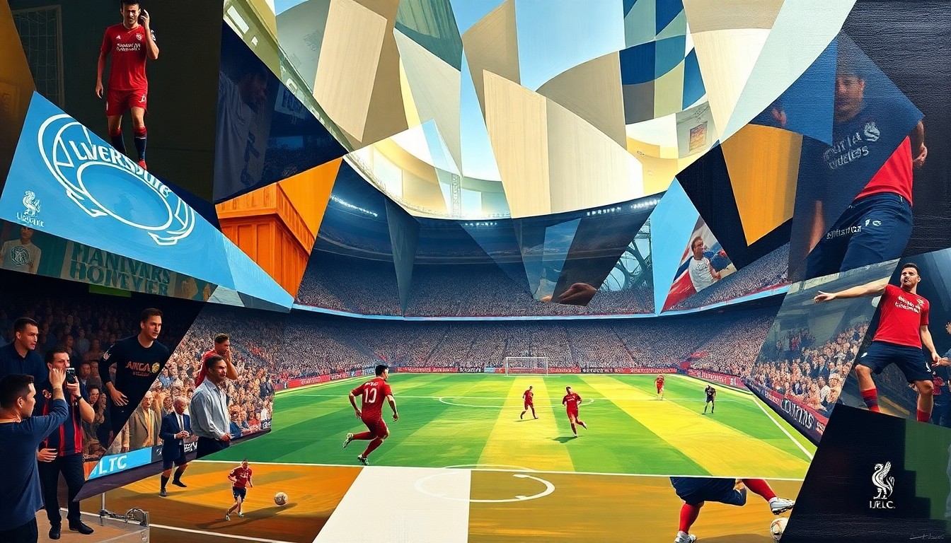 A cubist-style painting depicting a fragmented, geometric representation of a Liverpool FC soccer match, conveying the team's struggles and the need for a more unified approach.