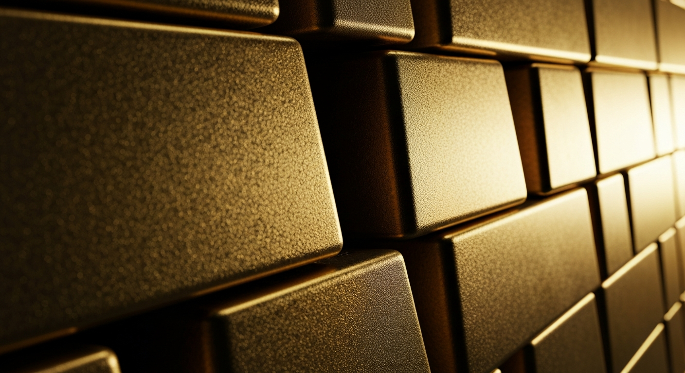A close-up image of heavy, industrial gold bullion bars stacked in a secure vault, with dramatic side lighting highlighting the textured, metallic surfaces and precise mechanical engineering, conveying a sense of financial power and stability.