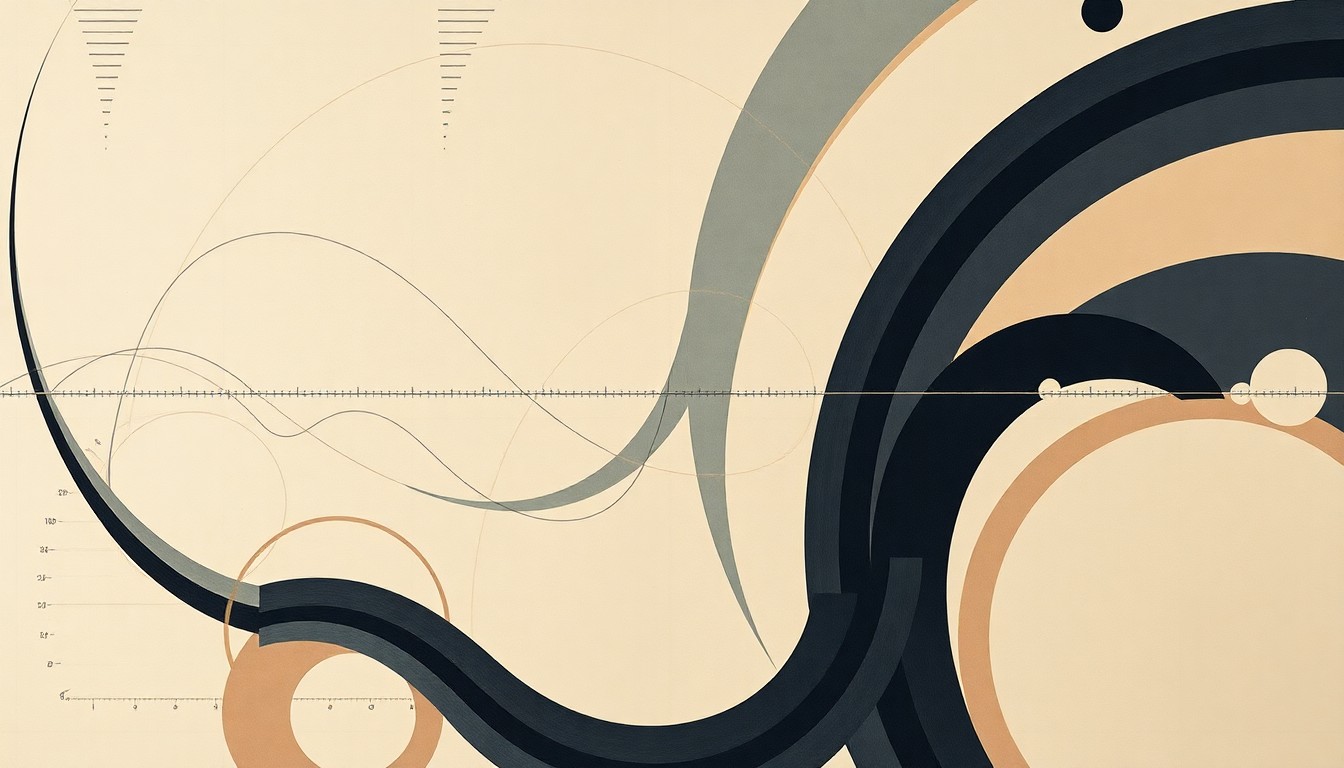 An abstract, highly structured painting in muted tones depicting complex industrial processes and emissions data, conceptually representing the challenges of accurately measuring the environmental impact of steel production.