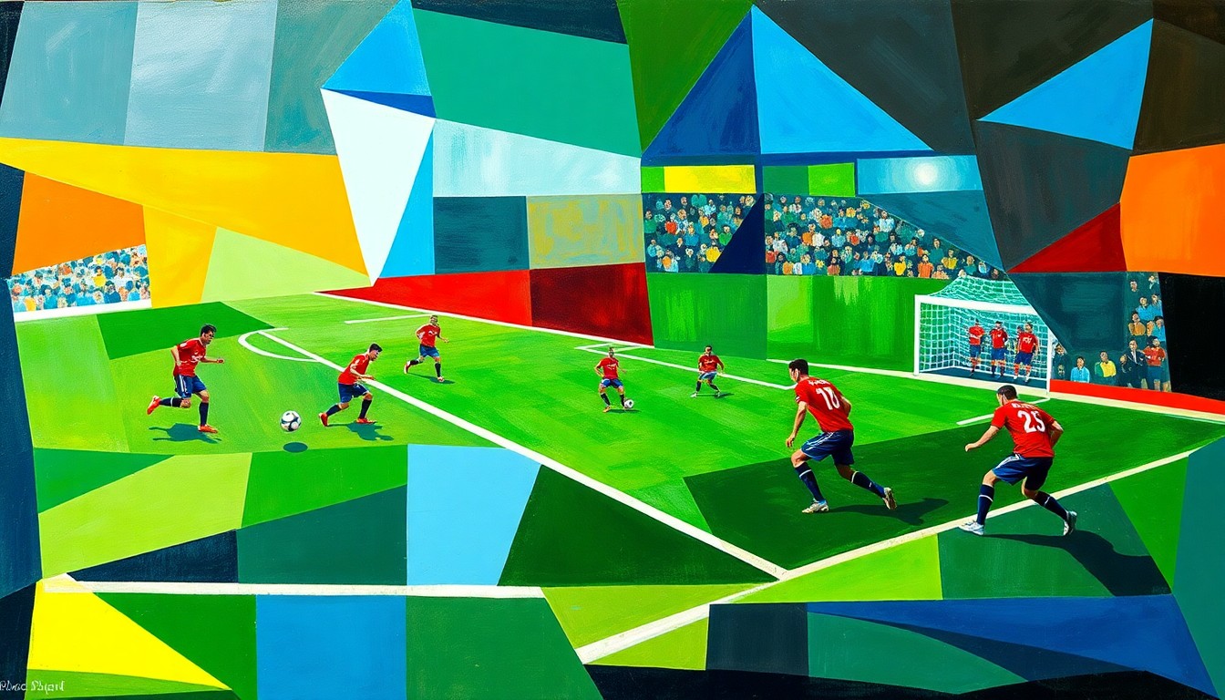 A fragmented, geometric painting depicting the chaotic nature of the NFL free agency period, with players and field elements broken down into abstract shapes and planes of color.