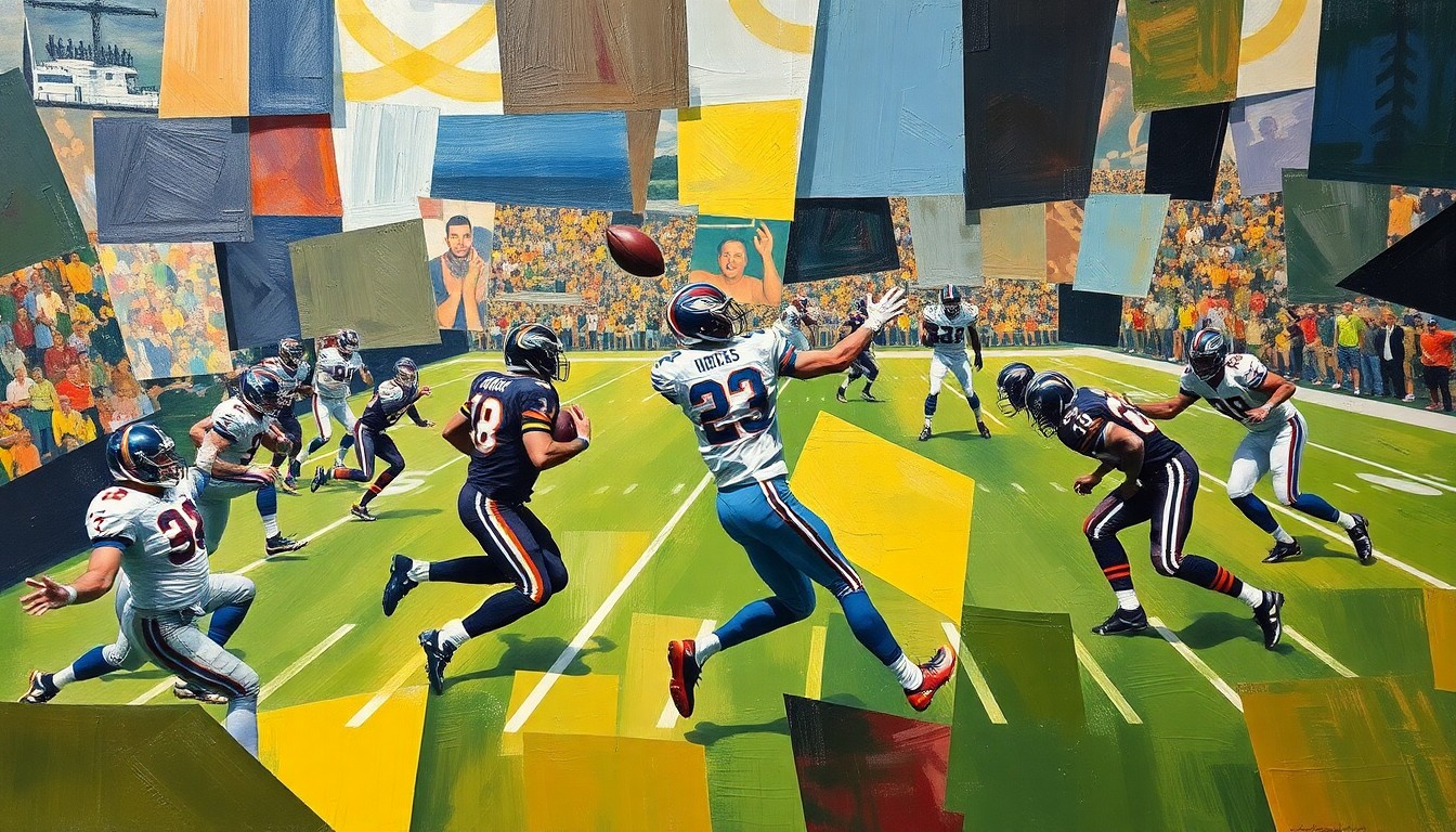 A fragmented, geometric painting depicting a football player in motion, with sharp, overlapping planes of color and form representing the complex dynamics of a veteran quarterback's career resurgence.