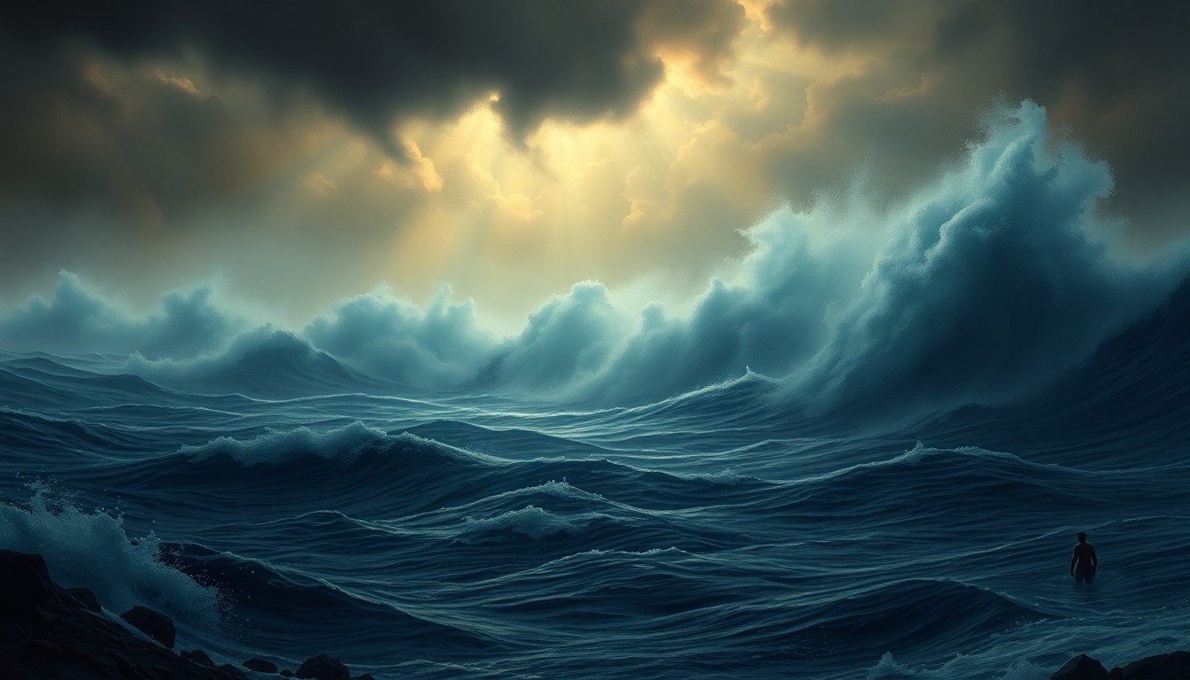 A dramatic, atmospheric landscape painting depicting a stormy ocean with a lone swimmer's silhouette dwarfed by the powerful waves, conveying the sublime scale and danger of the natural environment.