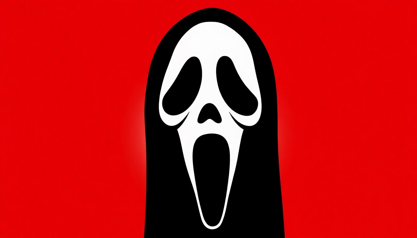 A striking, abstract illustration featuring a jagged, black silhouette of the Ghostface mask against a deep red background, capturing the suspense and intensity of the Scream franchise.