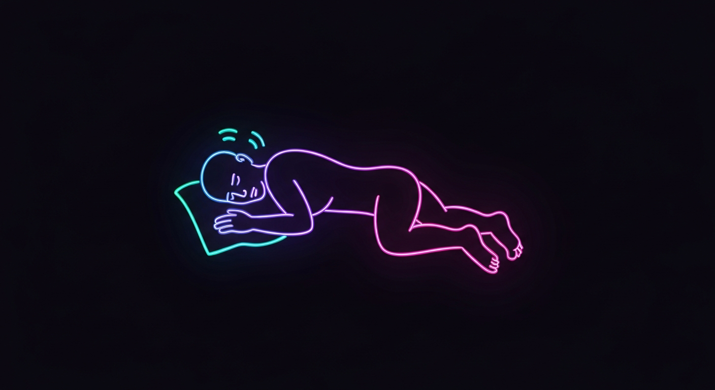 An abstract, minimalist illustration of a sleeping human figure defined by glowing neon lines against a dark background, conceptually representing the science and controversy around sleep banking.