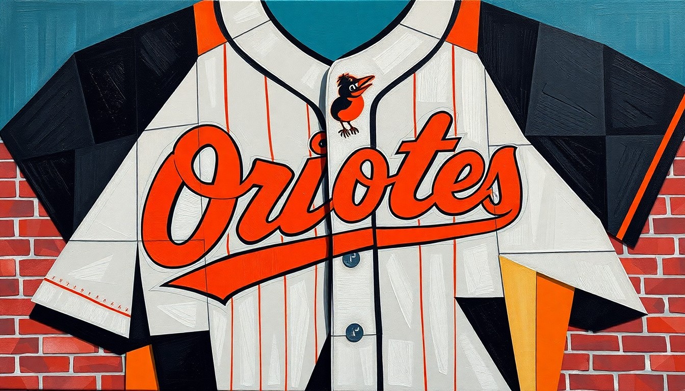 A fractured, multi-perspective painting in a cubist style, breaking down the key design elements of the Orioles' City Connect 2.0 uniform into sharp, overlapping geometric planes and abstract shapes, capturing the uniform's connection to the team's history and Baltimore's baseball legacy.