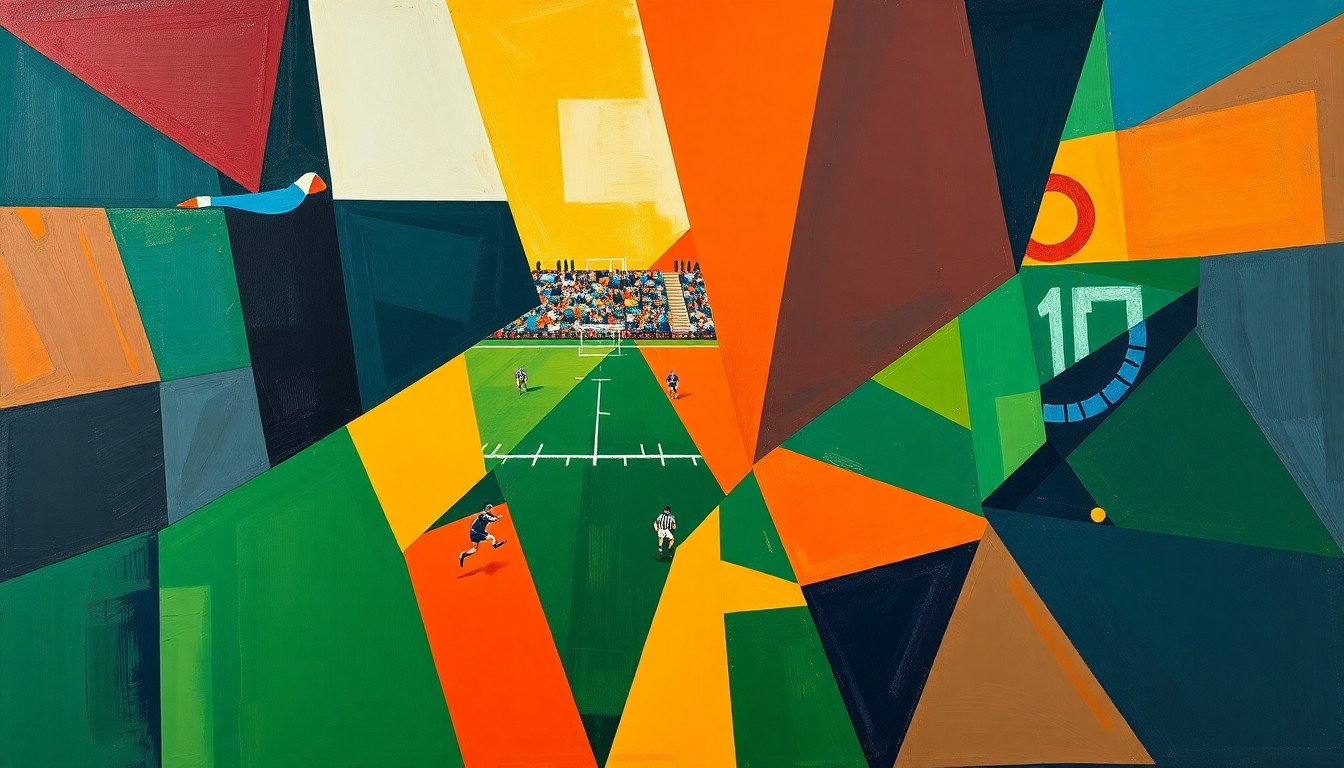 A cubist, geometric painting depicting fragmented football players, draft prospects, and team logos in a dynamic, multi-angled composition using rich, earthy colors.