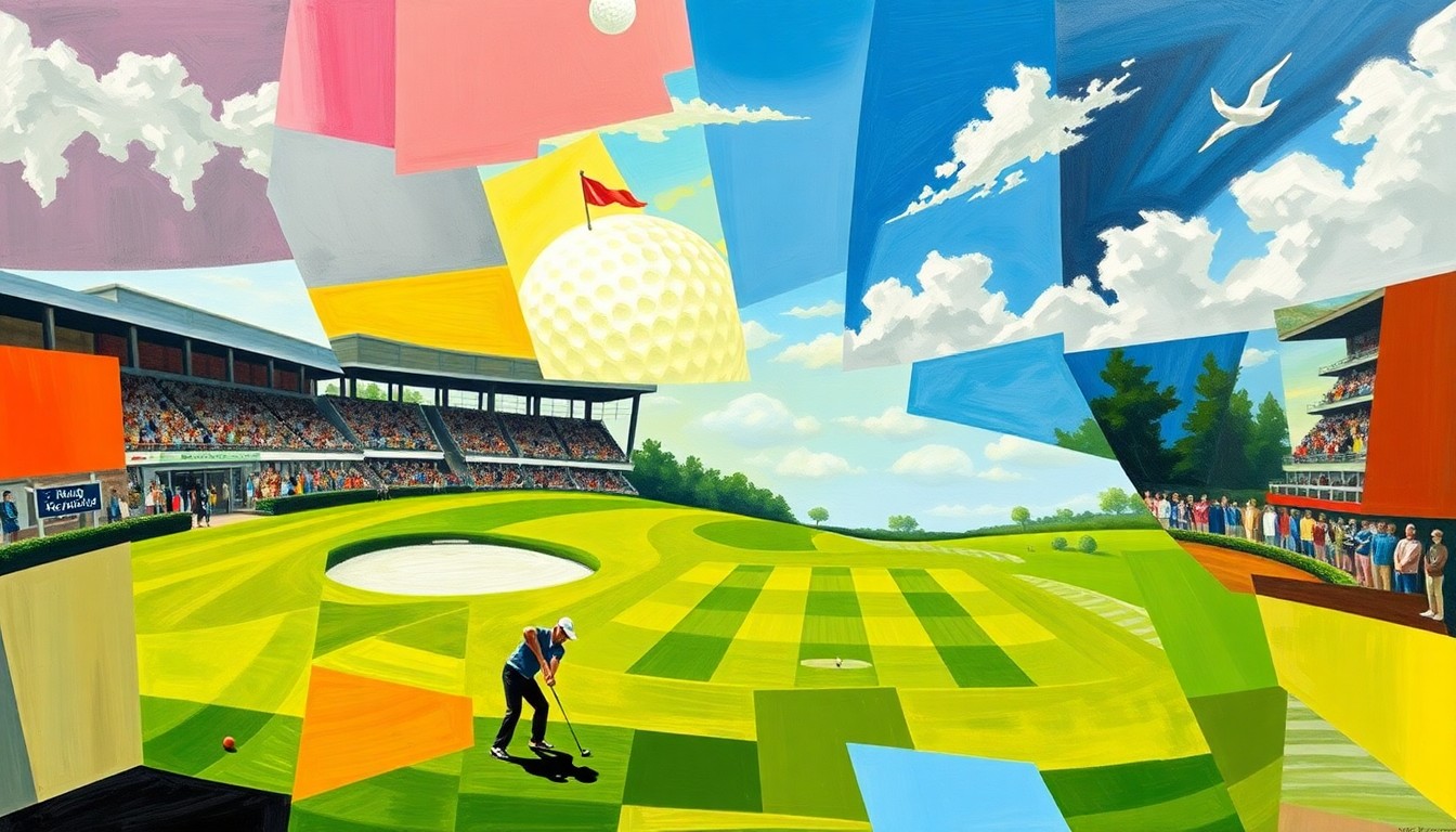 A cubist, geometric painting depicting a fragmented, multi-perspective view of a golf tournament, with sharp, overlapping planes of color and form representing the tension between tradition and modernity in sports.