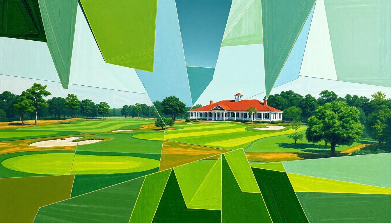 A fractured, cubist-style painting depicting the Chattahoochee Golf Club's fairways, greens, and clubhouse broken down into sharp, overlapping geometric shapes and planes in earthy tones of green, brown, and blue, conceptually representing the course's planned modernization.