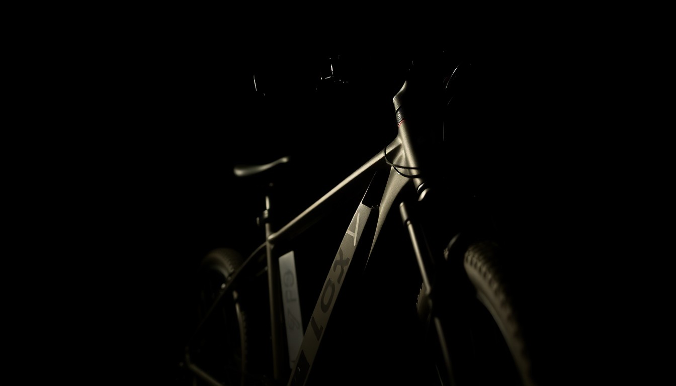 An extreme close-up photograph of a black electric bicycle frame and wheels, the details and textures of the bike highlighted by a harsh, direct camera flash against a pitch-black background, creating a stark, gritty, investigative aesthetic.
