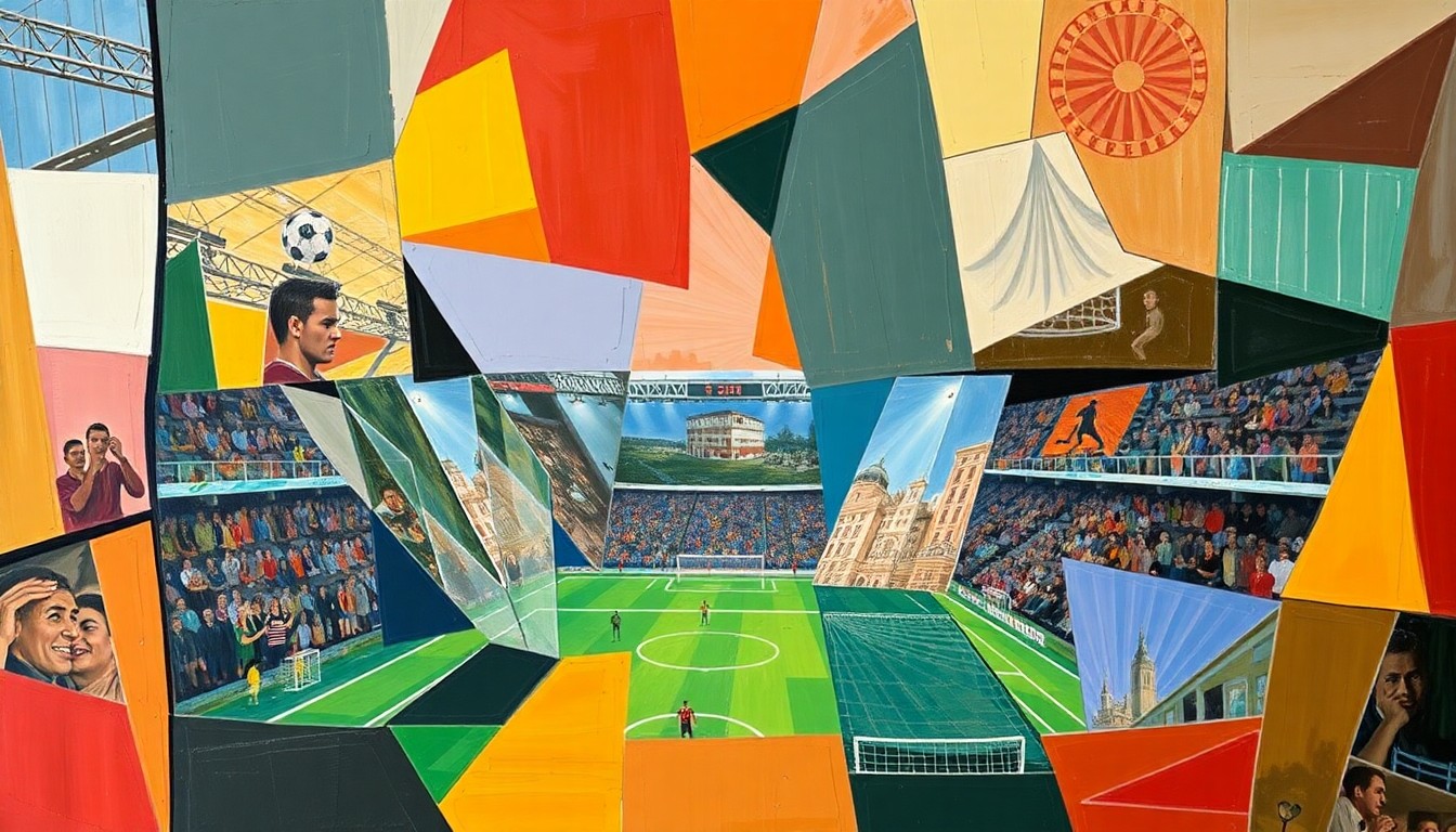 A fragmented, cubist-style painting depicting a 2026 World Cup match, with players and the field of play broken down into sharp, overlapping geometric shapes and planes in a dynamic, abstract composition.