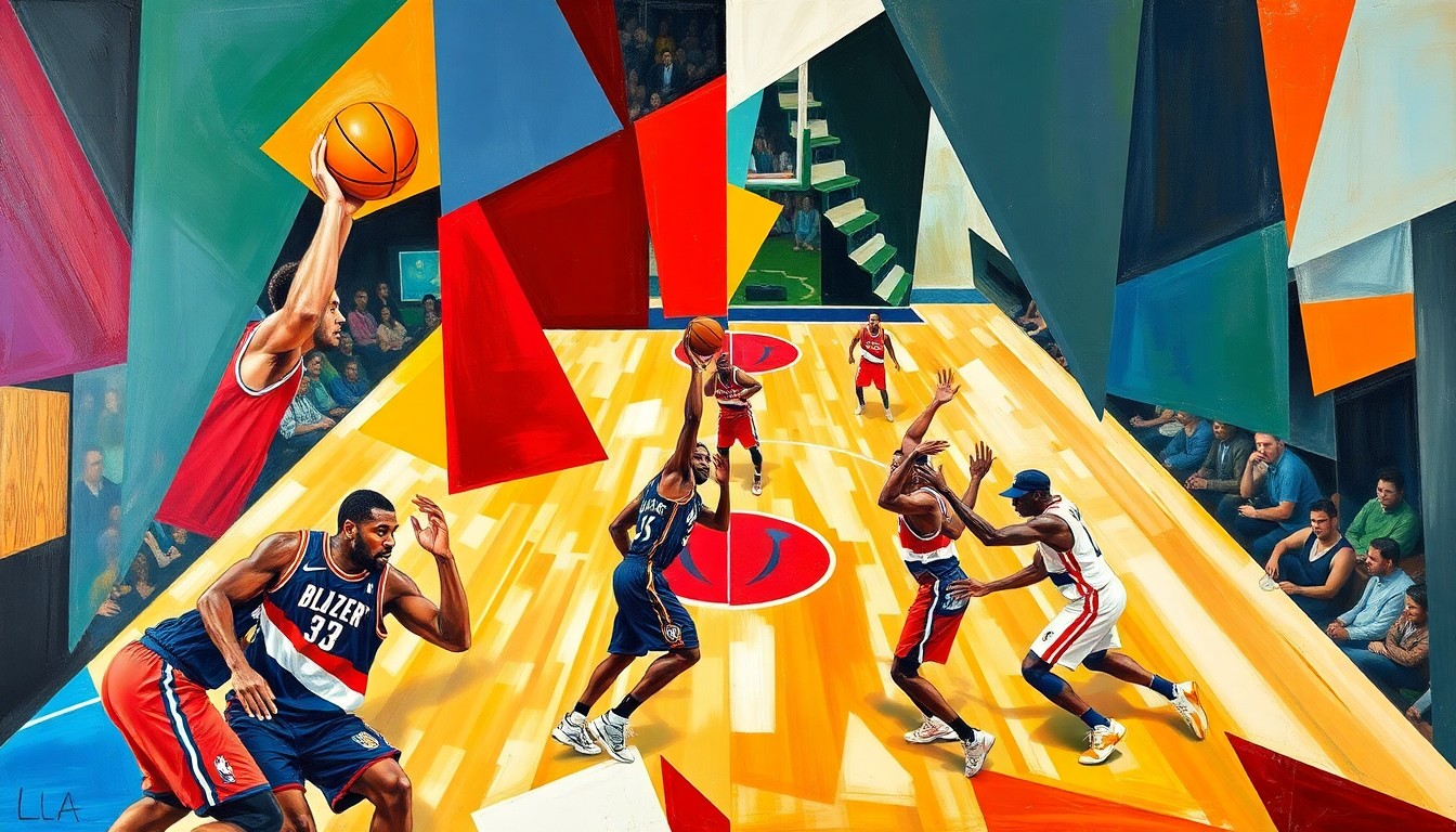 A cubist-style painting depicting a basketball game broken down into sharp, overlapping geometric planes in vibrant colors, representing the Blazers' dominant win over the Wizards.