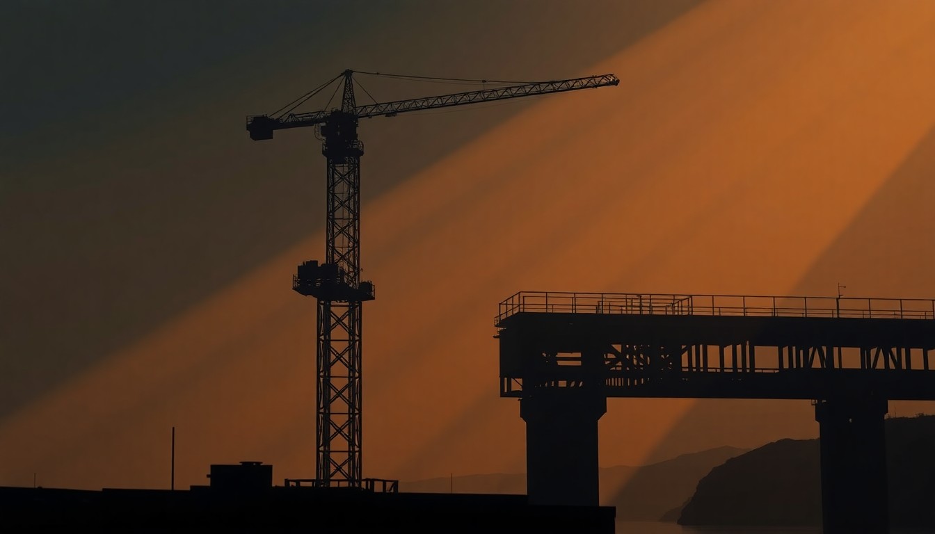A serene, painterly scene depicting a lone construction crane overlooking a partially built bridge, with the warm glow of the sun casting deep shadows across the scene, conveying a sense of contemplative progress in Canada's infrastructure development.