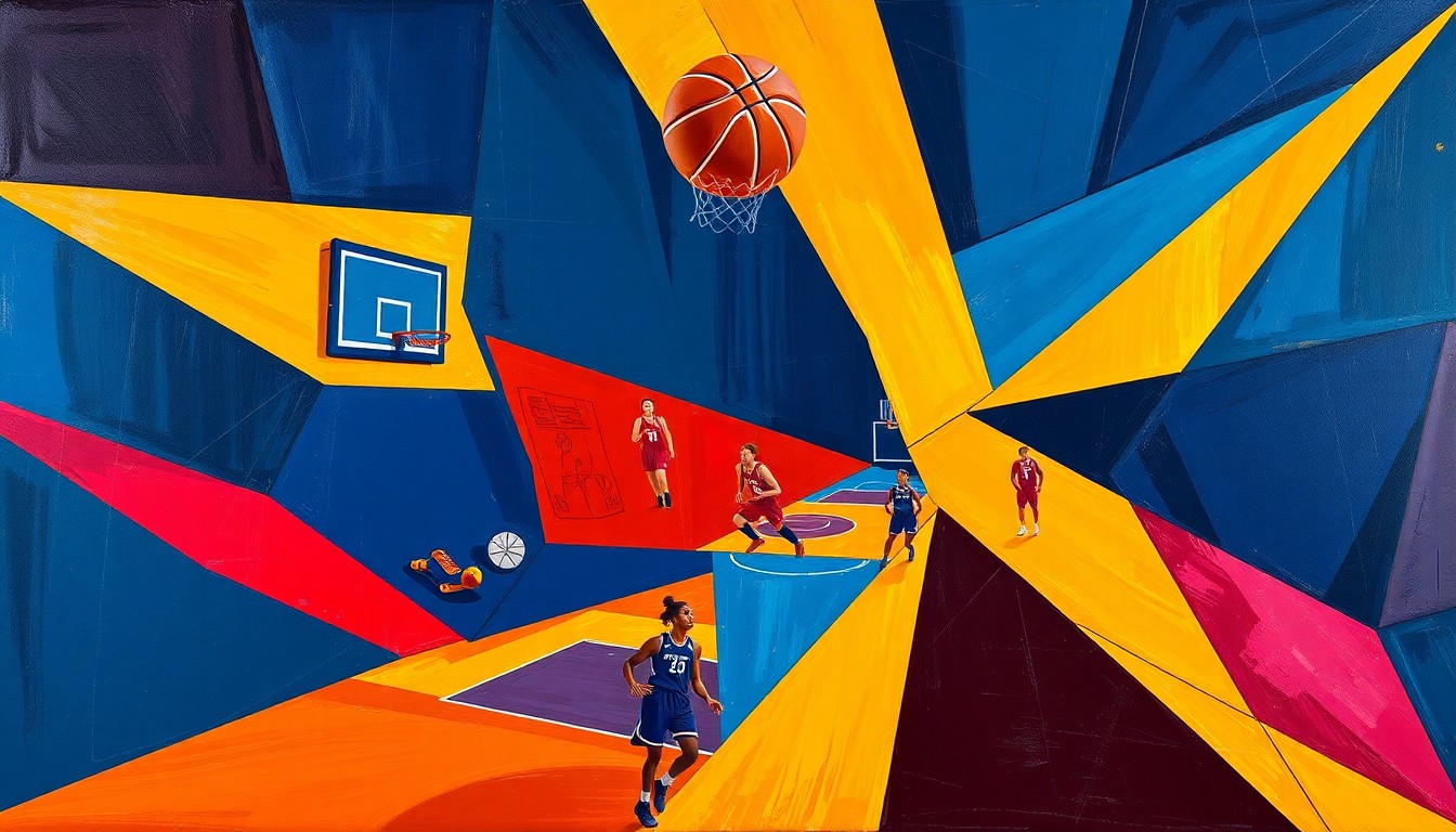 A cubist, geometric painting depicting a fragmented WNBA basketball game, with sharp planes of navy, red, and gold colors overlapping to create a dynamic, abstract scene.