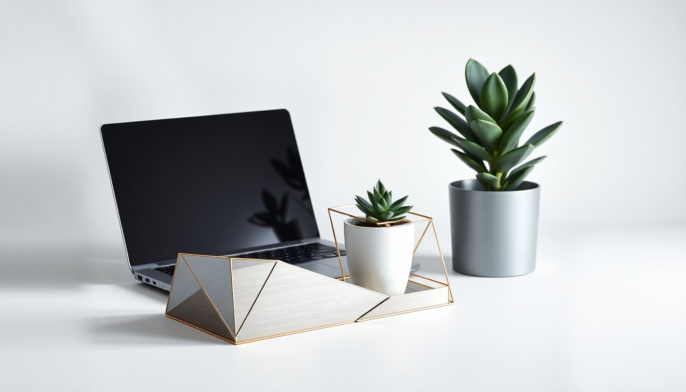 A minimalist, photorealistic studio still life featuring a polished desk organizer, laptop, and potted plant, symbolizing the strategic and professional work of the Kansas City, Kansas Chamber of Commerce.