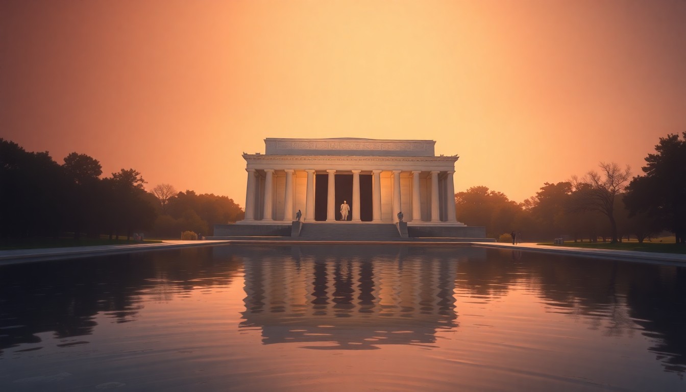 A serene, painterly depiction of the Lincoln Memorial Reflecting Pool bathed in warm, golden light, conveying the monument's timeless grandeur and significance.