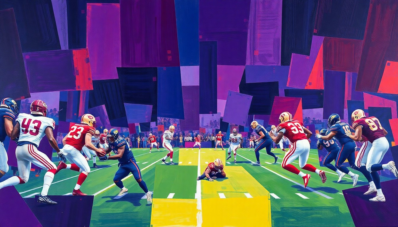 A cubist-style painting depicting fragmented, geometric shapes in shades of purple, blue, and red, representing football players and uniforms in an abstract, deconstructed manner.