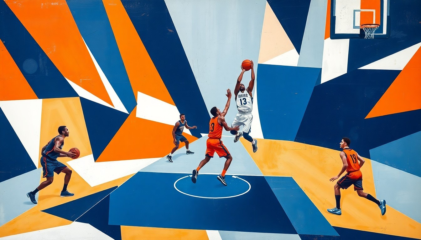 A fractured, cubist-style painting depicting the abstracted forms of basketball players in motion, with sharp geometric planes of navy blue, orange, and white representing the Thunder's team colors.