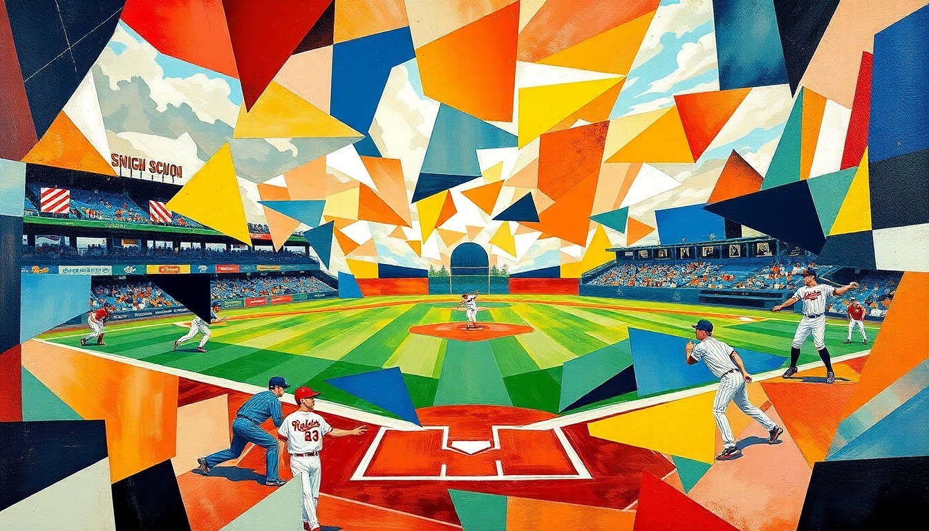 A fragmented, geometric painting in the style of Pablo Picasso, depicting a high school baseball game broken down into abstract shapes and planes of color, capturing the energy and intensity of the competition.