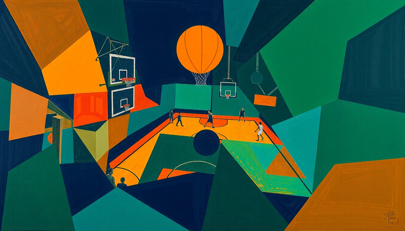 A fragmented, cubist-style painting depicting a basketball game, with sharp geometric shapes in deep navy, forest green, and burnt orange representing the dynamic action on the court.