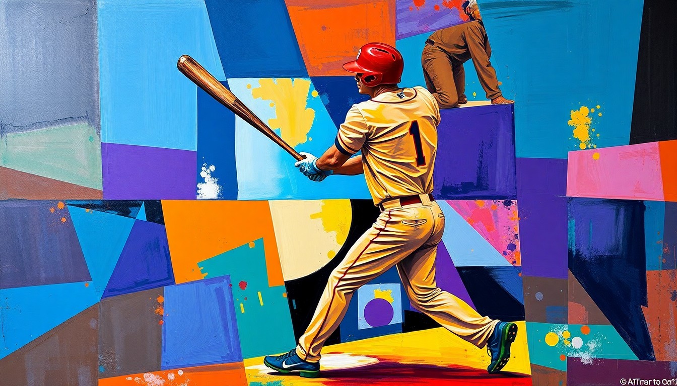 A fragmented, geometric painting depicting a baseball player's swing and the trajectory of a home run ball, broken down into sharp, overlapping planes of color.