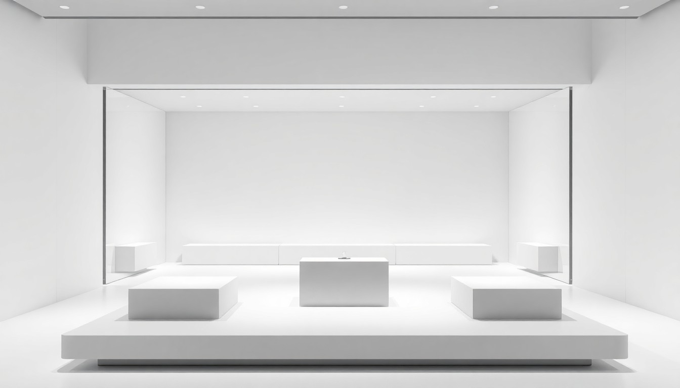 An extreme close-up of a sleek, minimalist display fixture in muted greys and whites, conceptually representing the closure of an Apple retail store amid labor tensions.