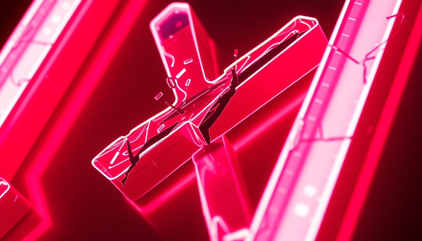 A highly detailed, 3D macro illustration of a fractured, neon-lit X logo, representing the declining influence and engagement of the Elon Musk-owned social network as prominent organizations depart the platform. No text, no letters, no numbers, no words, no celebrity names, no fictional names, no logos, no artist signatures, no copyright notices, no written symbols of any kind.