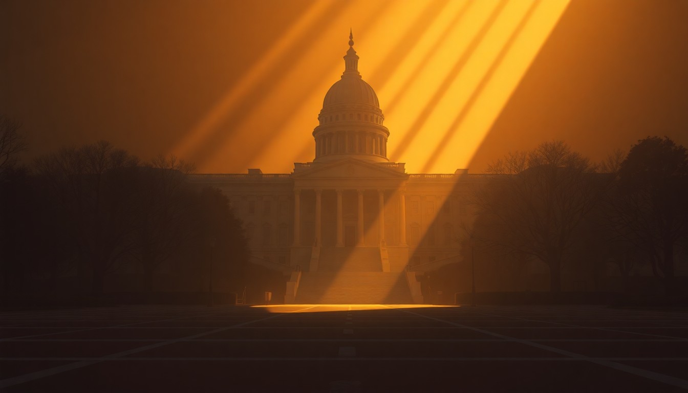 A serene, photorealistic painting of an ornate state capitol building shrouded in dramatic shadows and warm, golden light, evoking a sense of political drama and uncertainty.