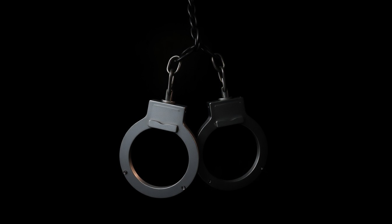 An extreme close-up of a pair of handcuffs against a stark black background, the metal reflecting a harsh, direct flash of light, conceptually representing the legal complexities of sentencing.