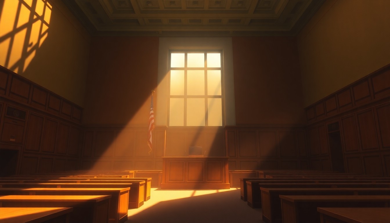 A dimly lit, cinematic painting of an empty courtroom with wooden benches and a judge's bench in the background, the space bathed in warm, diagonal sunlight and deep shadows, conveying a sense of solemnity and judicial gravity.