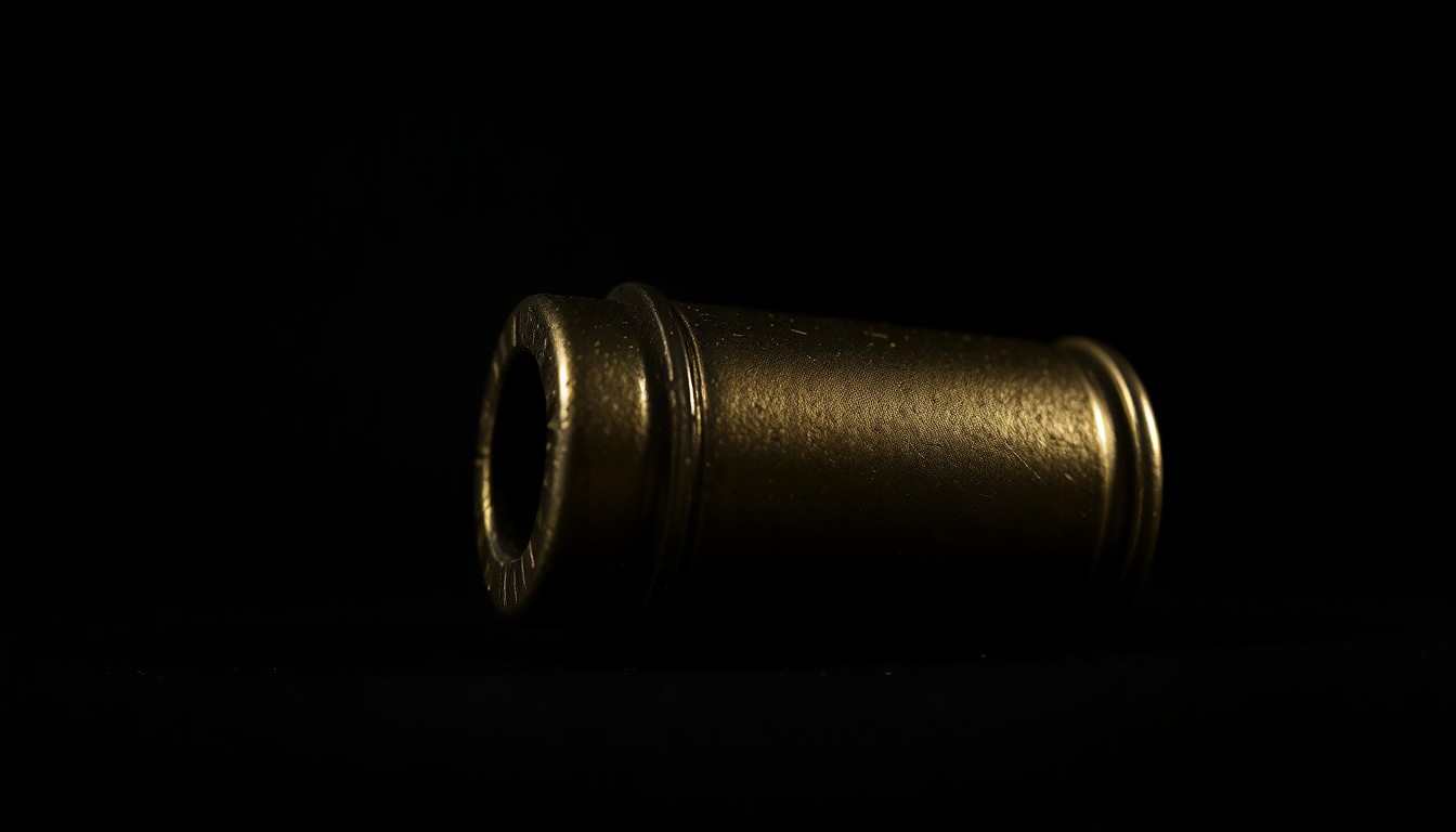 An extreme close-up photograph of a single spent bullet casing against a pitch-black background, the metallic texture and dramatic shadows creating a stark, gritty, investigative aesthetic.